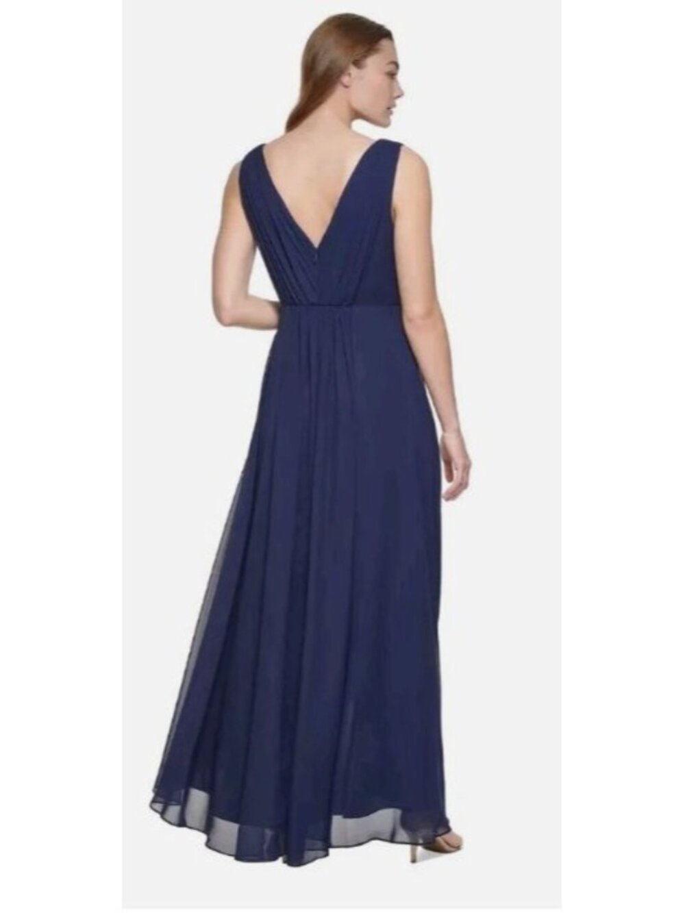 Eliza J Navy Blue Sleeveless Chiffon Evening Gown Beaded Waist Size 4 - Picture 2 of 12
